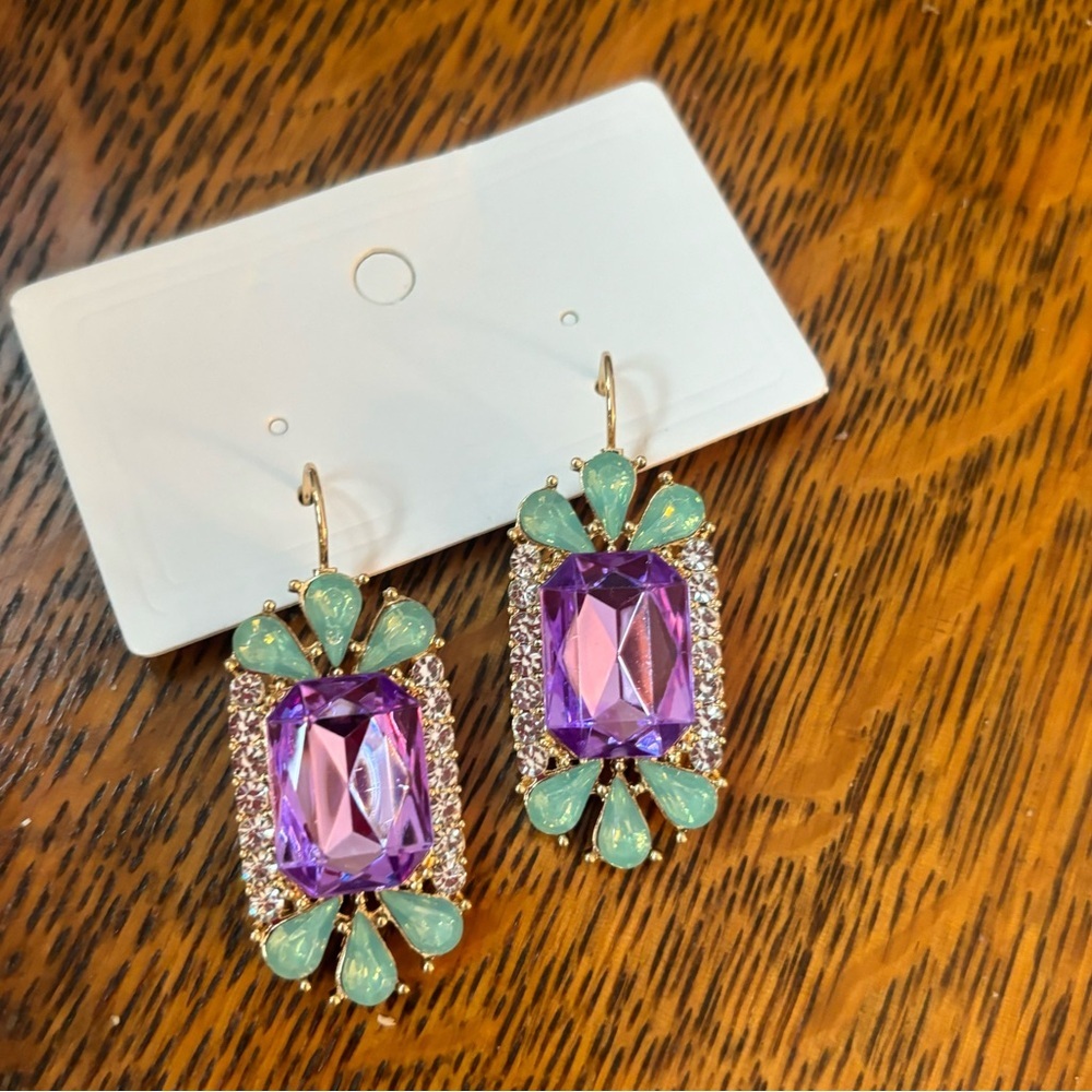 Elegant Purple and Green Rhinestone Earrings - Picture 2 of 6